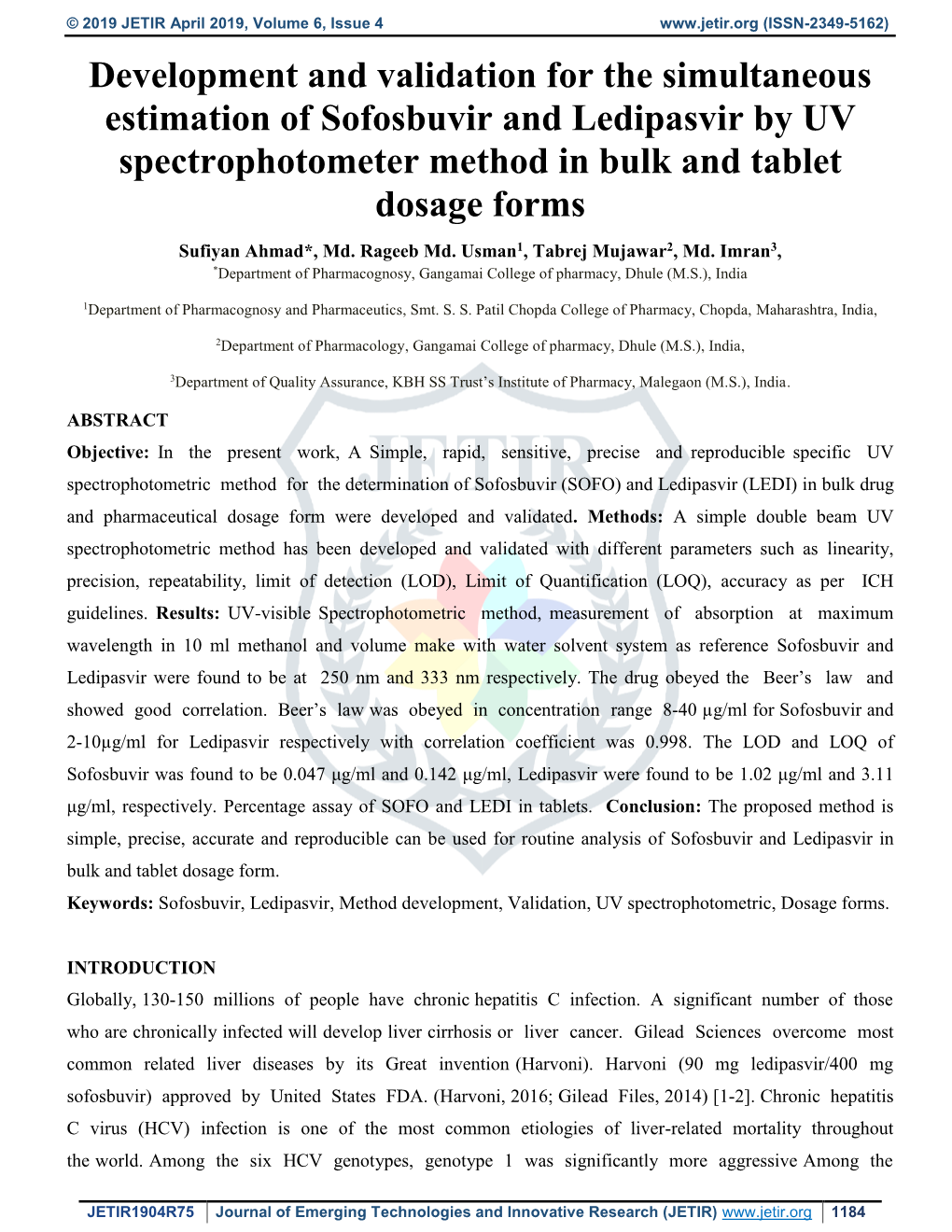 Development and Validation for the Simultaneous Estimation of Sofosbuvir and Ledipasvir by UV Spectrophotometer Method in Bulk A