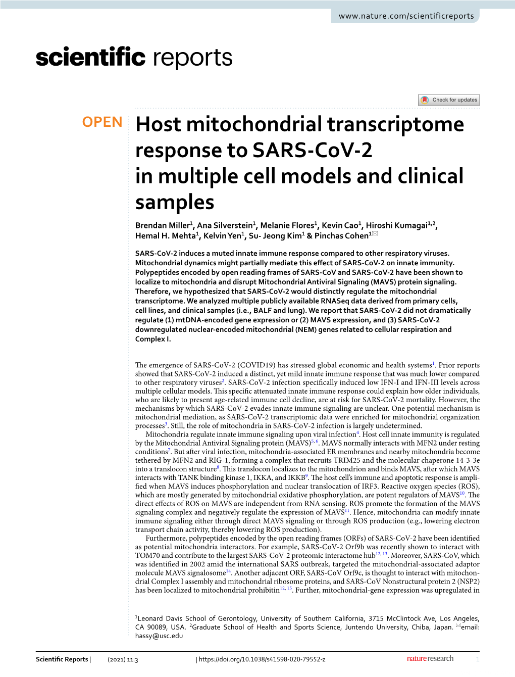 Host Mitochondrial Transcriptome Response to SARS-Cov-2 in Multiple Cell Models and Clinical Samples