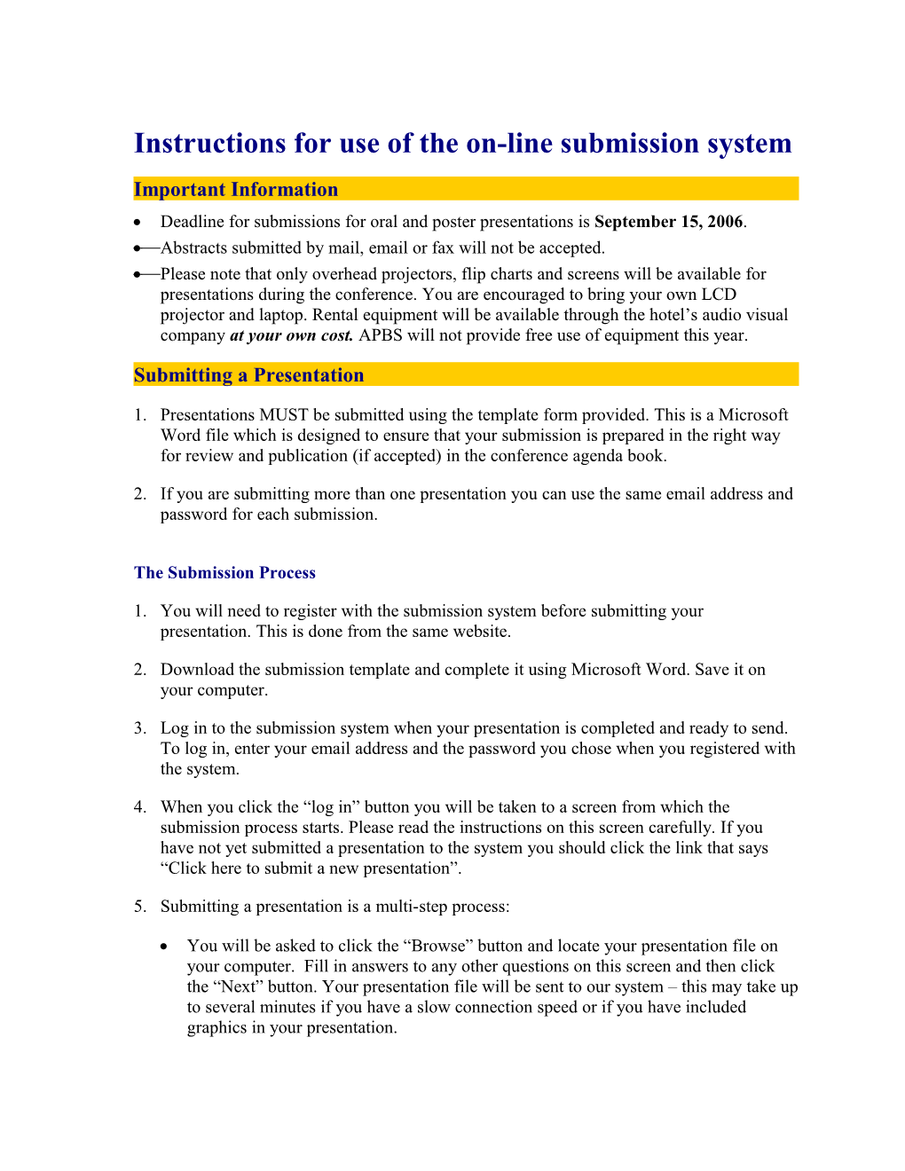 Instructions for Use of the On-Line Submission System