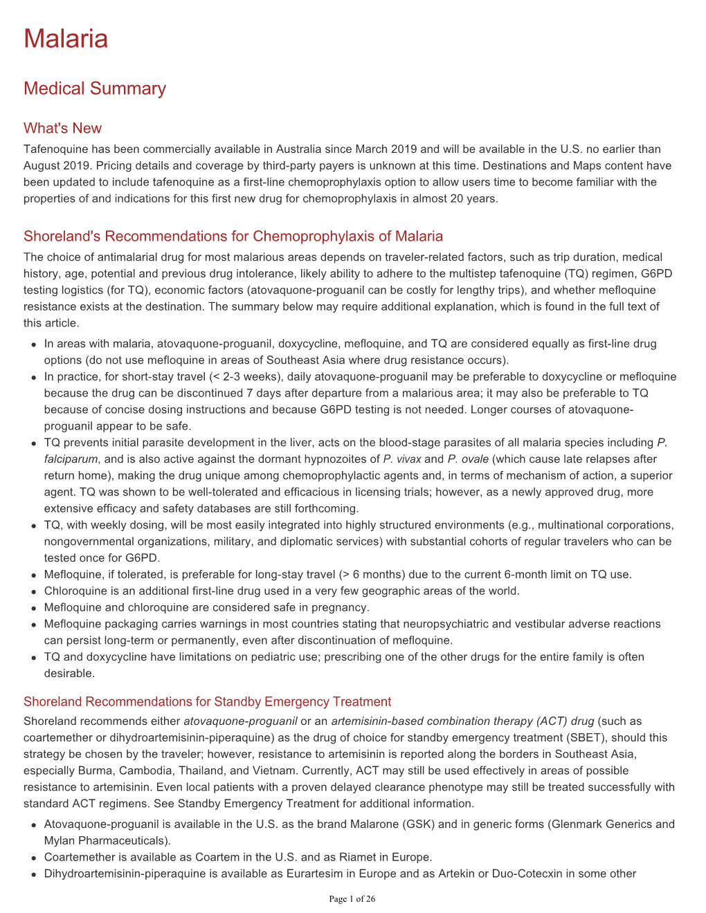 Malaria Medical Summary