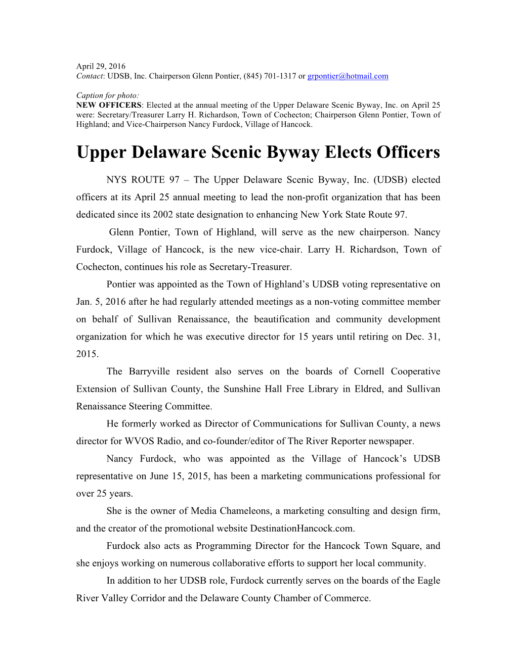 Upper Delaware Scenic Byway Elects Officers
