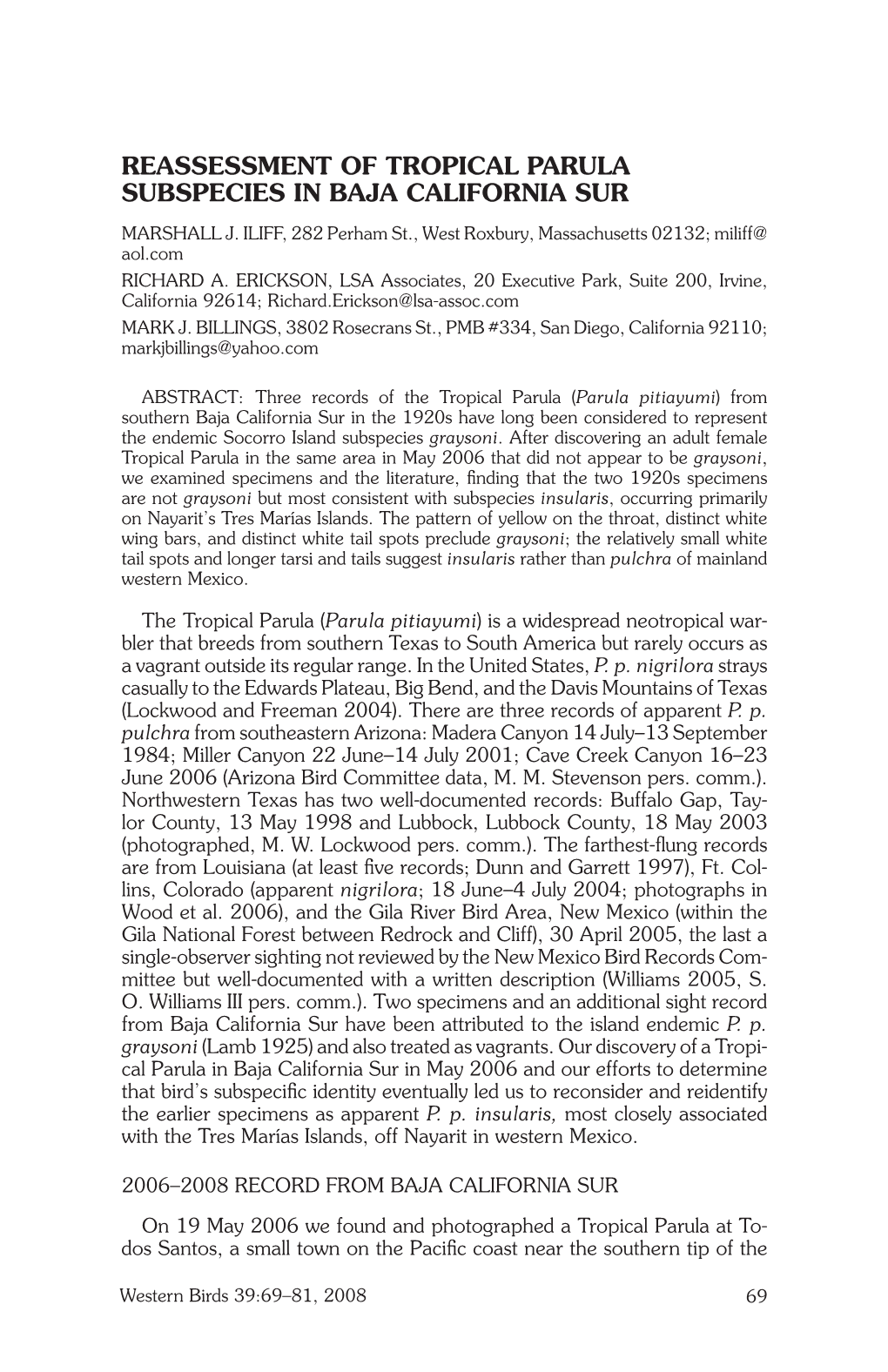 Reassessment of Tropical Parula Subspecies in Baja California Sur Marshall J