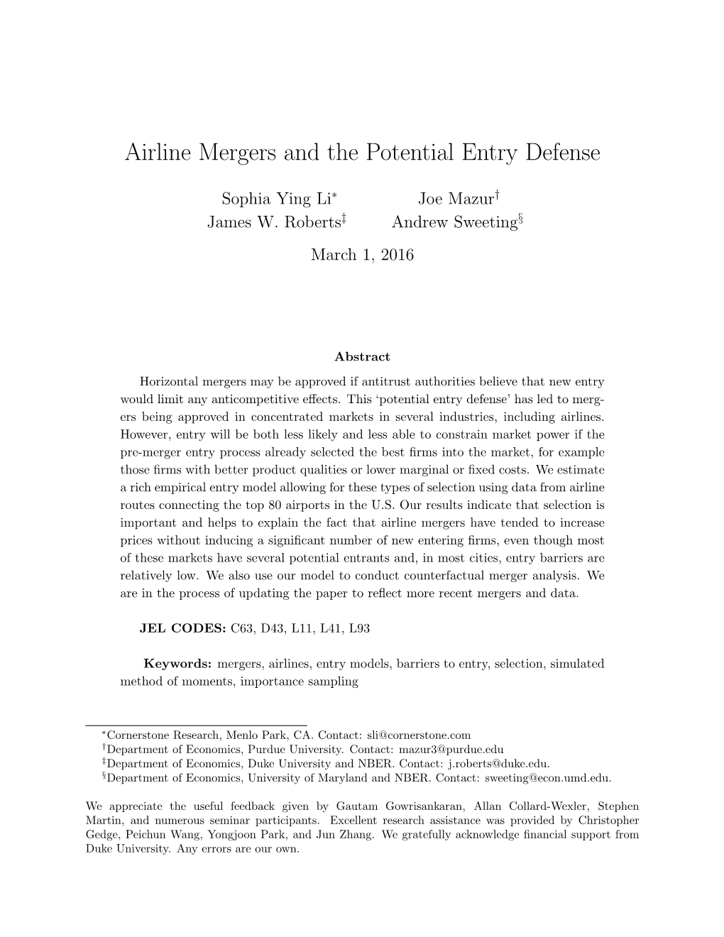 Airline Mergers and the Potential Entry Defense