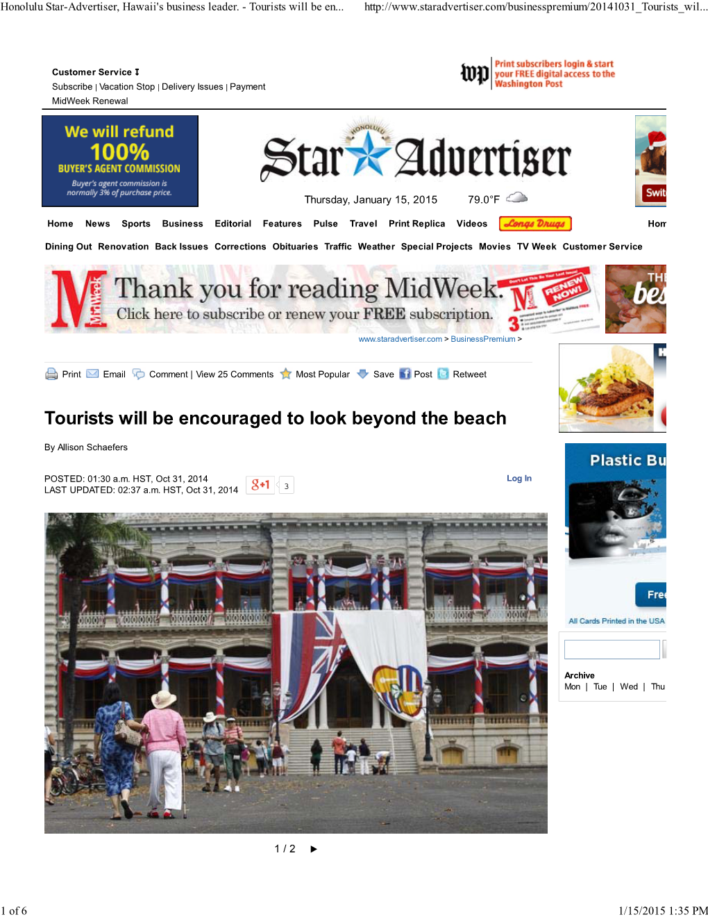 Honolulu Star-Advertiser, Hawaii's Business Leader. - Tourists Will Be En