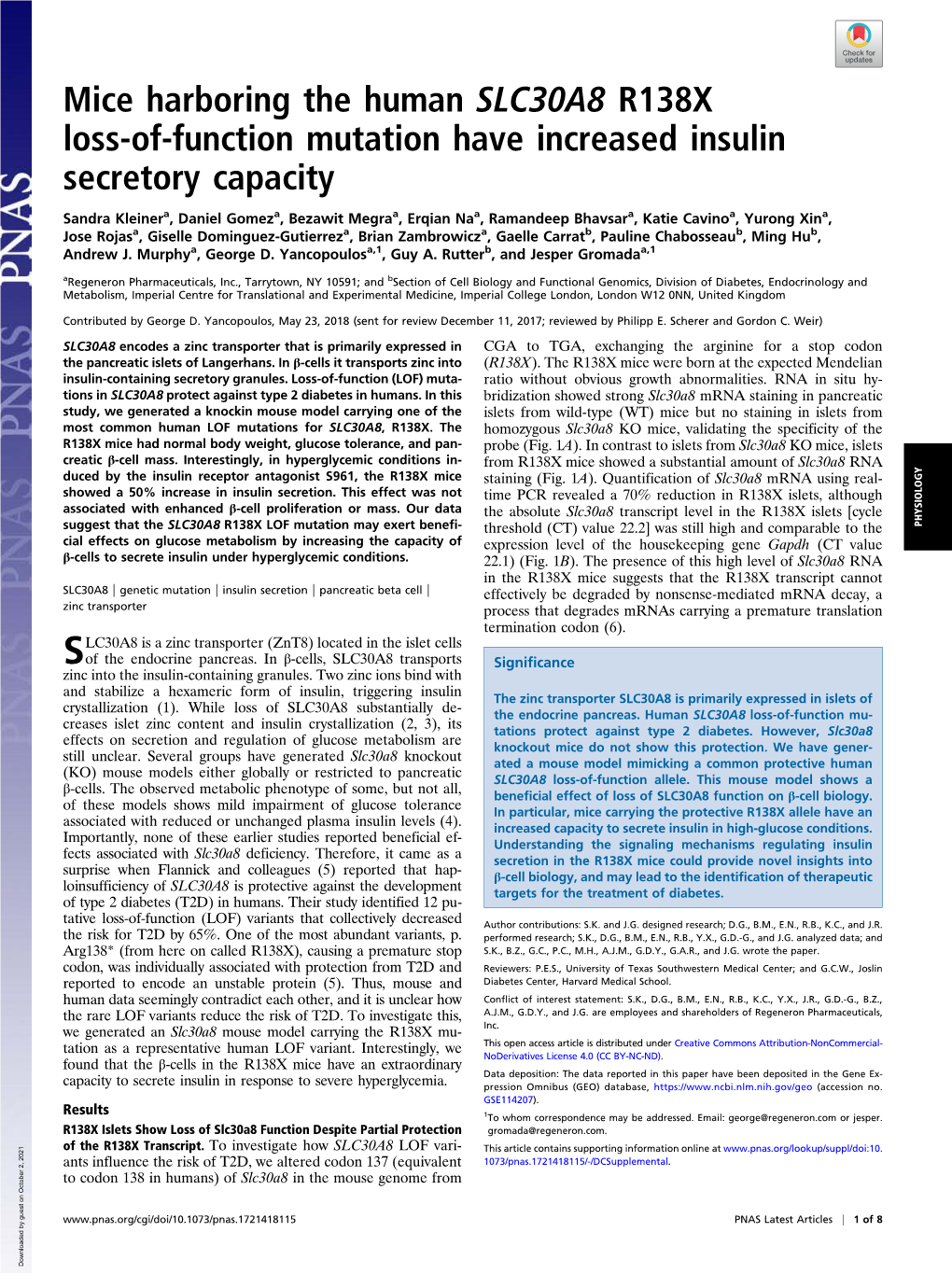 Mice Harboring the Human SLC30A8 R138X Loss-Of-Function Mutation Have Increased Insulin Secretory Capacity