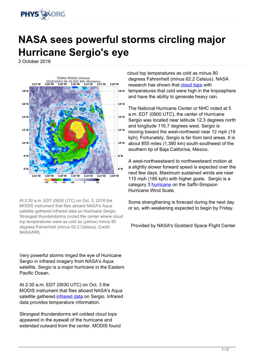NASA Sees Powerful Storms Circling Major Hurricane Sergio's Eye 3 October 2018