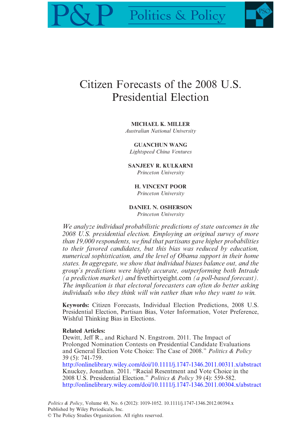 Citizen Forecasts of the 2008 U.S. Presidential Election
