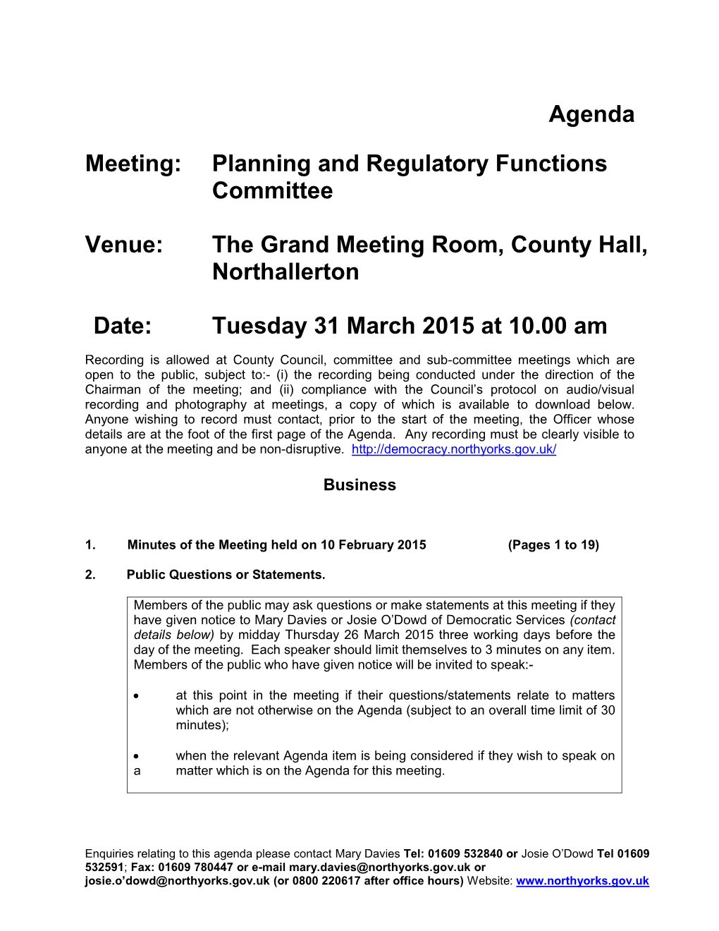 Agenda Meeting: Planning and Regulatory Functions Committee