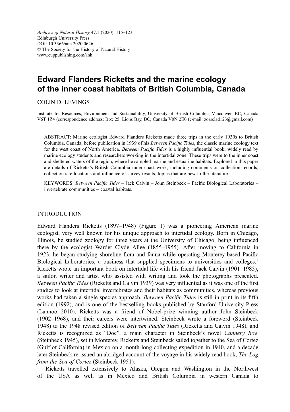 Edward Flanders Ricketts and the Marine Ecology of the Inner Coast Habitats of British Columbia, Canada