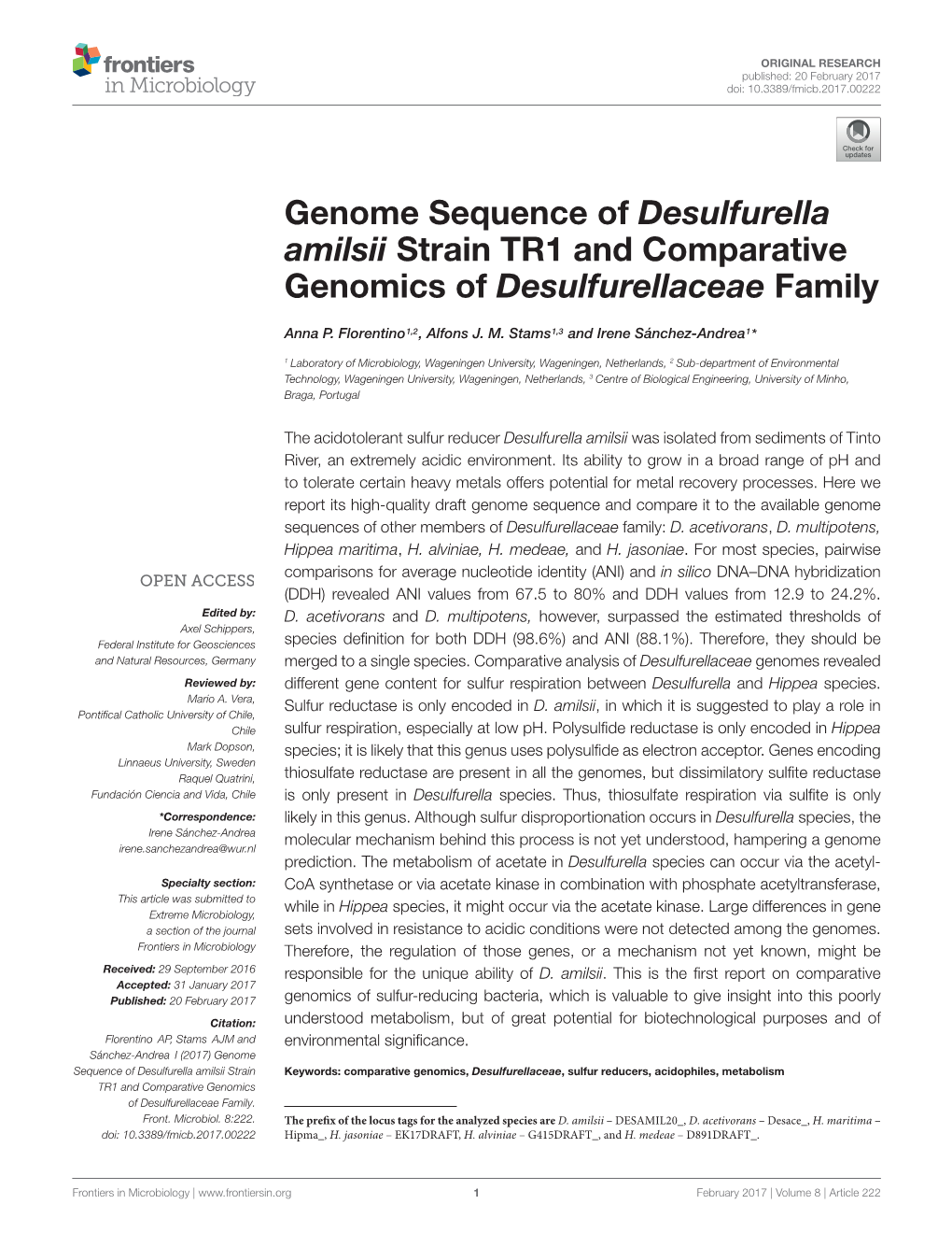 Genome Sequence of Desulfurella Amilsii Strain TR1 and Comparative Genomics of Desulfurellaceae Family