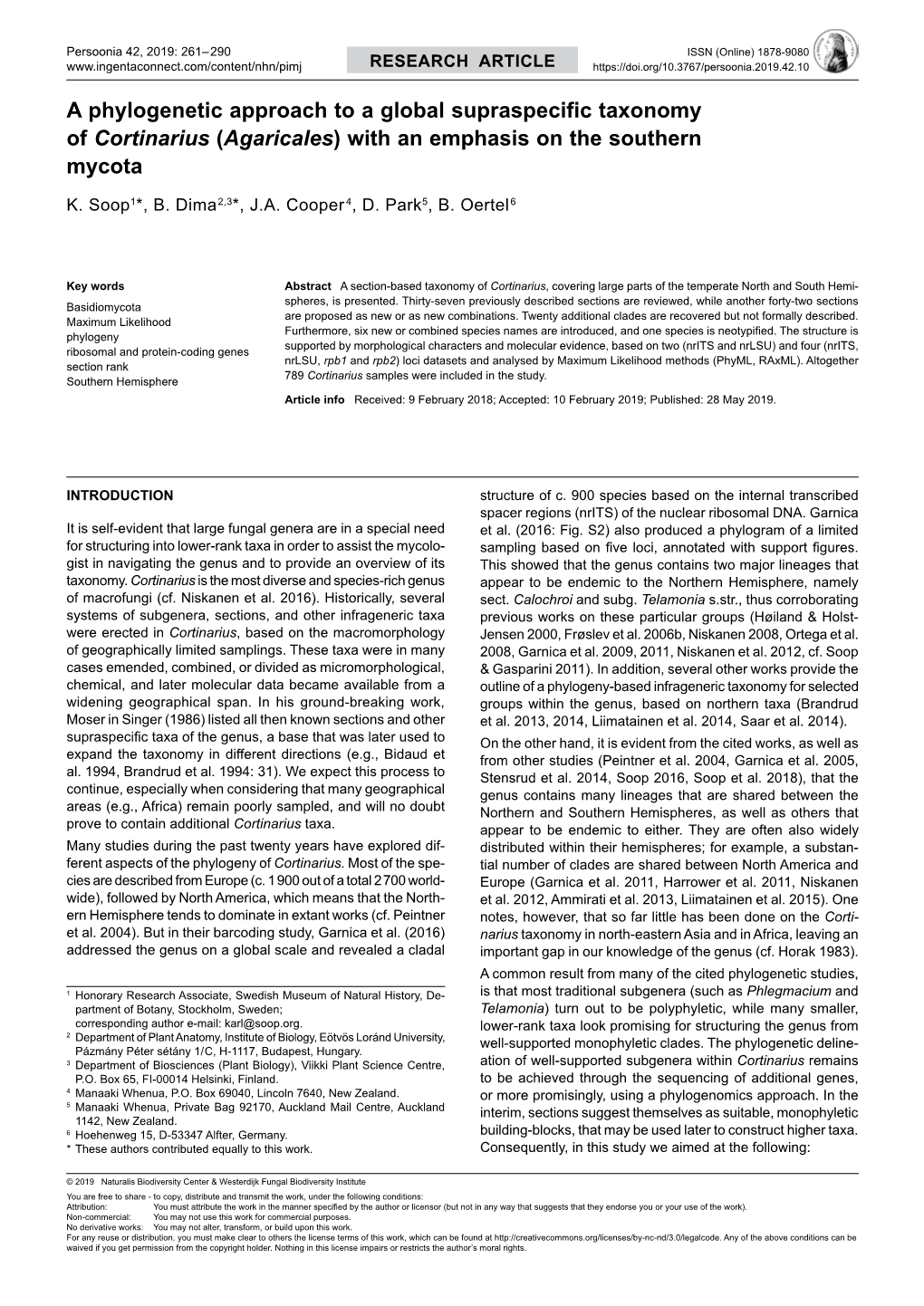 A Phylogenetic Approach to a Global Supraspecific Taxonomy of Cortinarius (Agaricales) with an Emphasis on the Southern Mycota