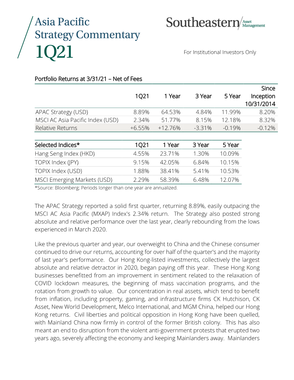 Asia Pacific Strategy Commentary 1Q21 for Institutional Investors Only