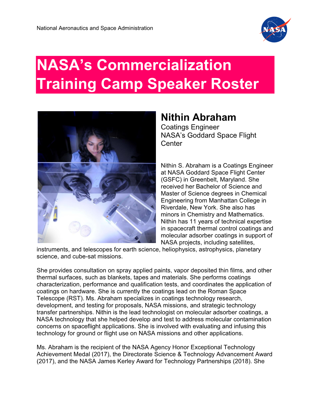 NASA's Commercialization Training Camp Speaker Roster