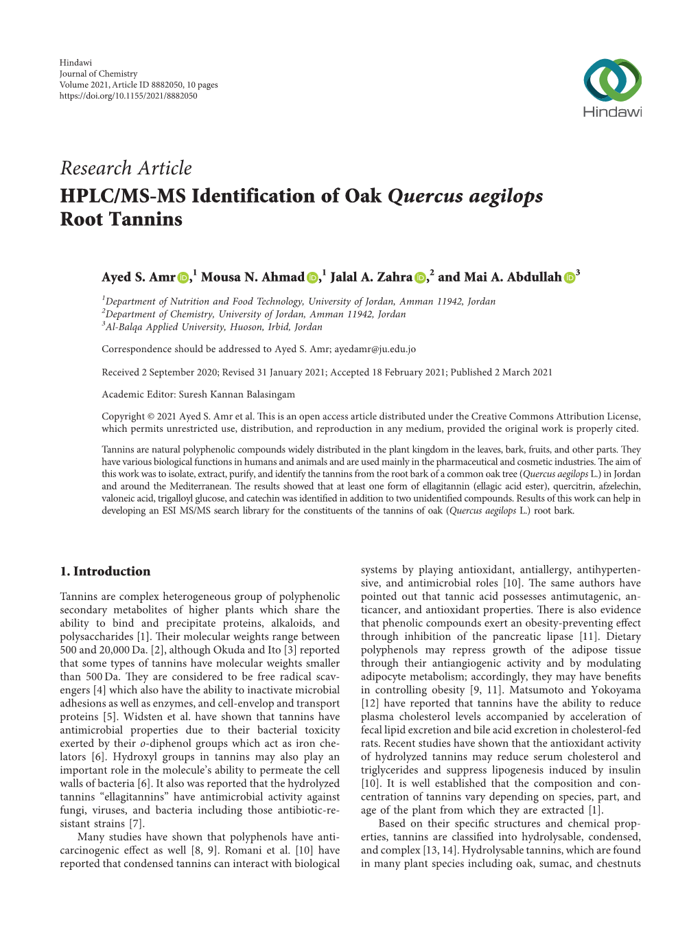 HPLC/MS-MS Identification of Oak Quercus Aegilops Root Tannins