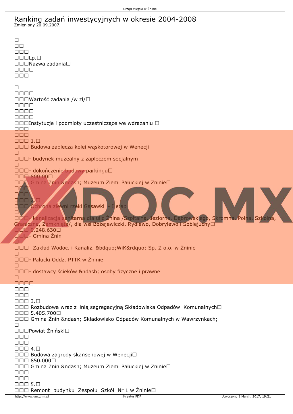 Ranking Zadań Inwestycyjnych W Okresie 2004-2008 Zmieniony 20.09.2007