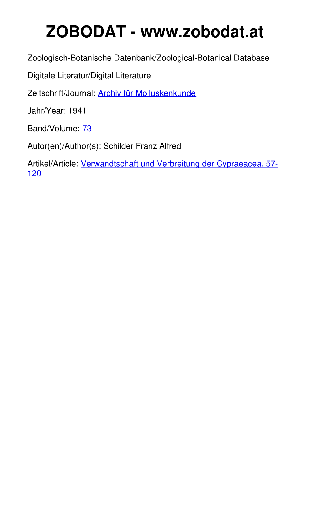 Verwandtschaft Und Verbreitung Der Cypraeacea. 57- 120 Band 73