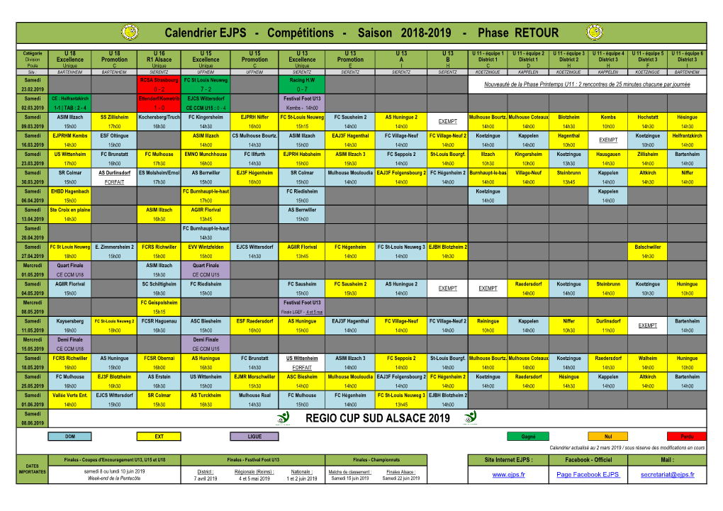 Calendrier EJPS - Compétitions - Saison 2018-2019 - Phase RETOUR