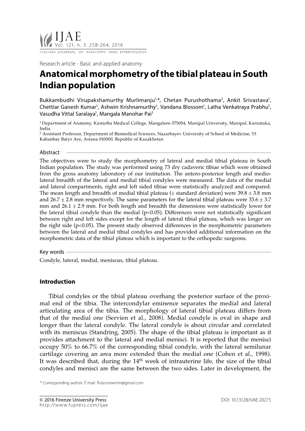 Anatomical Morphometry of the Tibial Plateau in South Indian Population