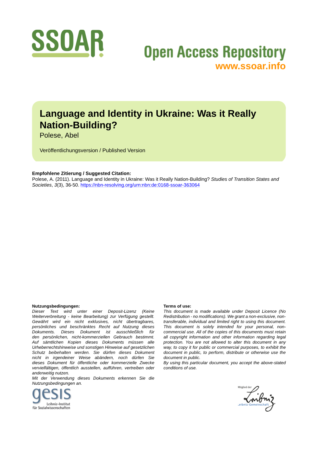 Language and Identity in Ukraine: Was It Really Nation-Building? Polese, Abel