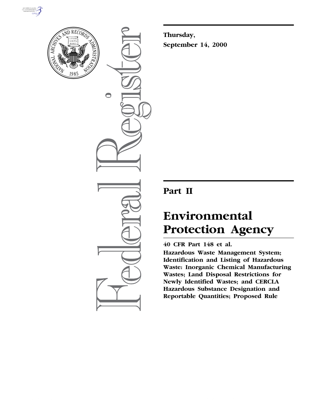Environmental Protection Agency 40 CFR Part 148 Et Al