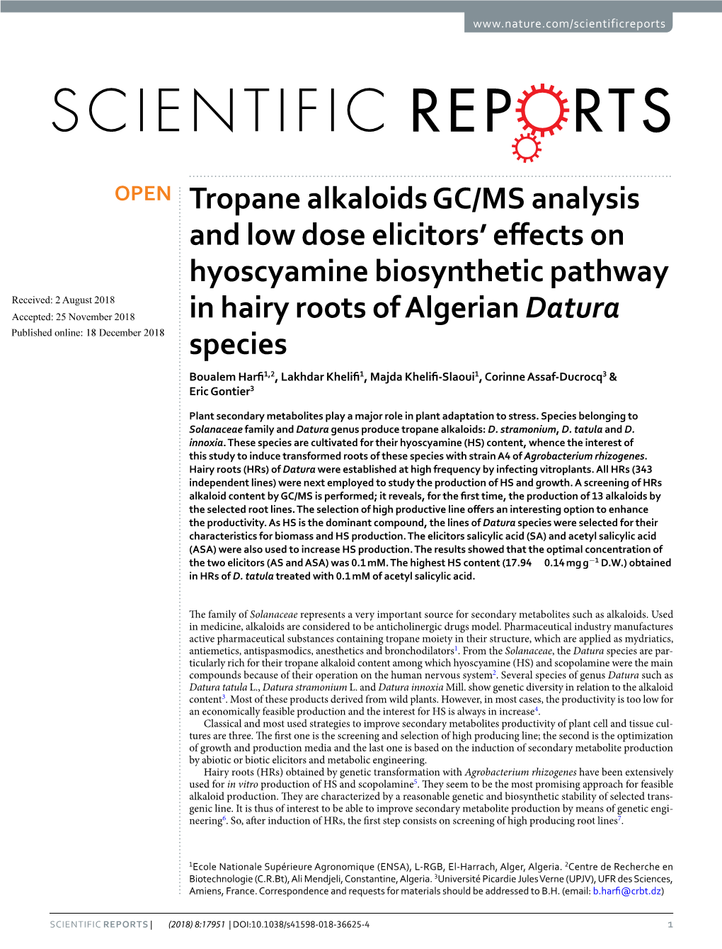 Tropane Alkaloids GC/MS Analysis and Low Dose Elicitors' Effects On