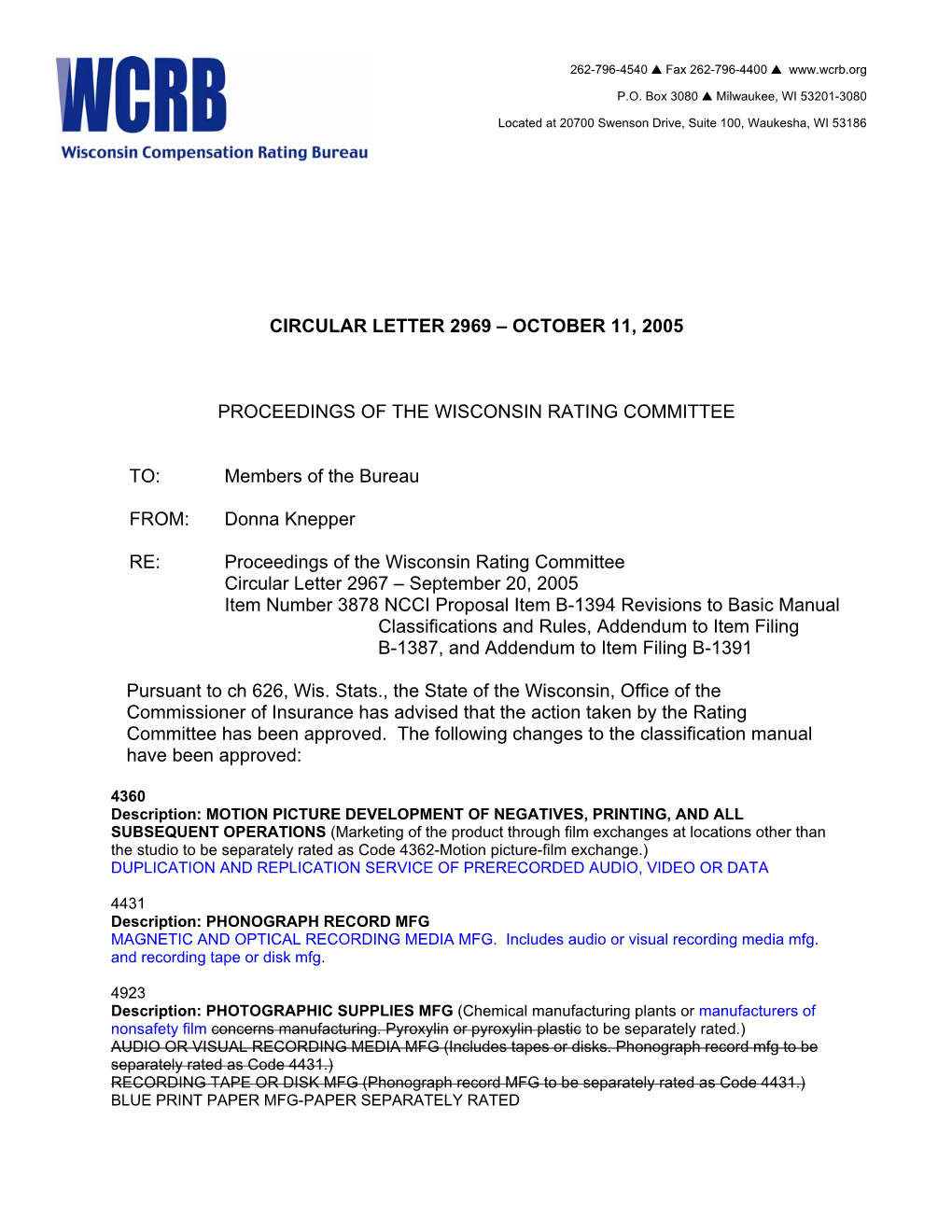 Circular Letter 2969 – October 11, 2005