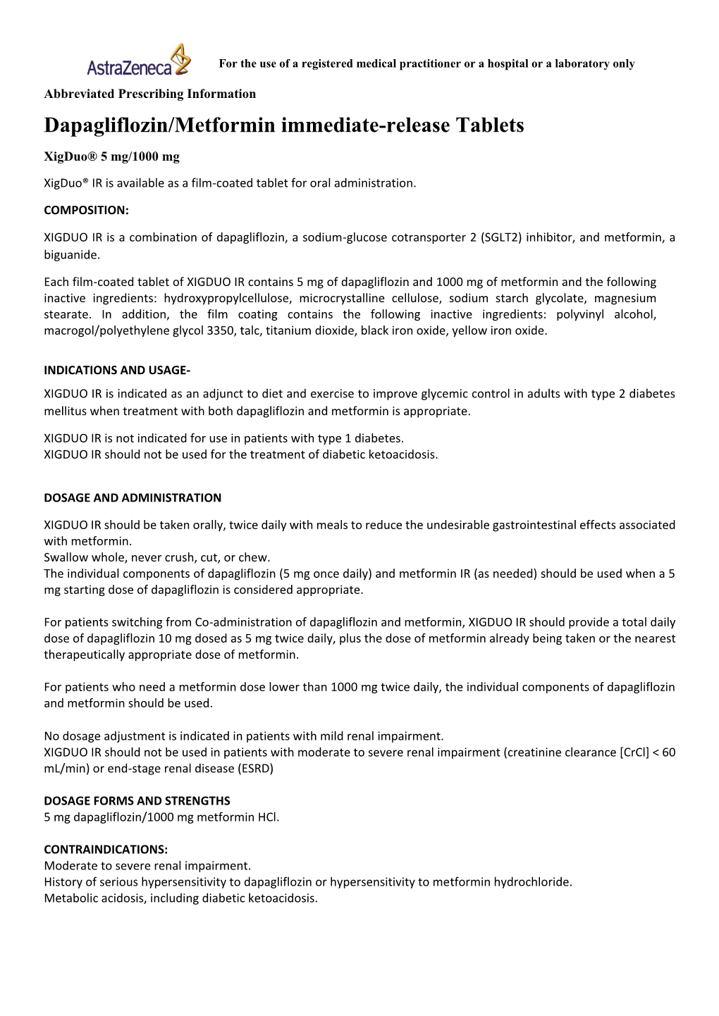 Dapagliflozin/Metformin Immediate-Release Tablets