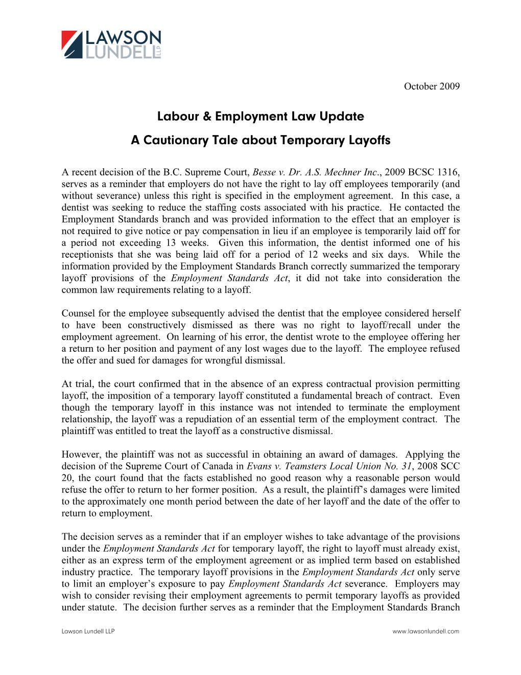 Labour & Employment Law Update a Cautionary Tale About Temporary