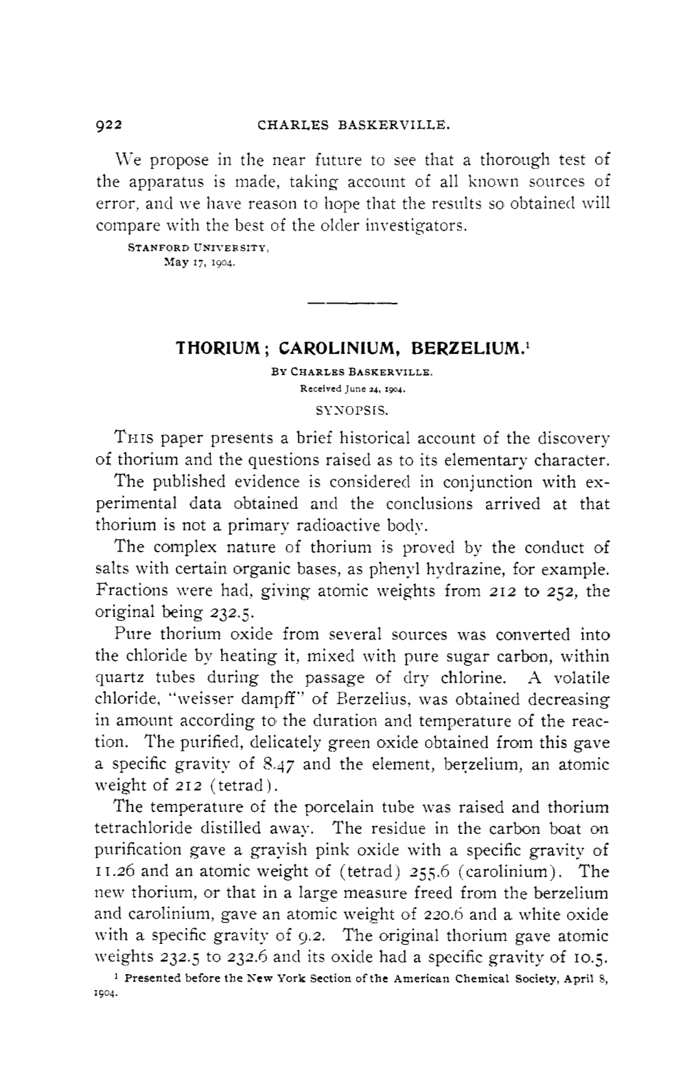 THORIUM ; CAROLINIUM, BERZELIUM.' by CHARLESBASKERVILLE Recerved Tune 24, 1904