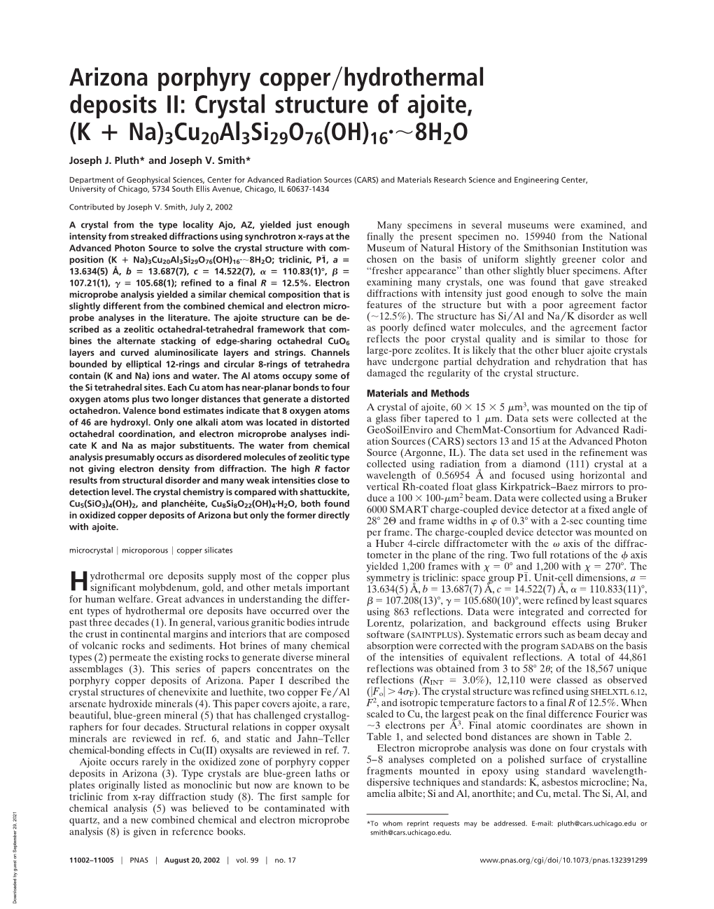 Arizona Porphyry Copper Hydrothermal Deposits II: Crystal Structure of Ajoite