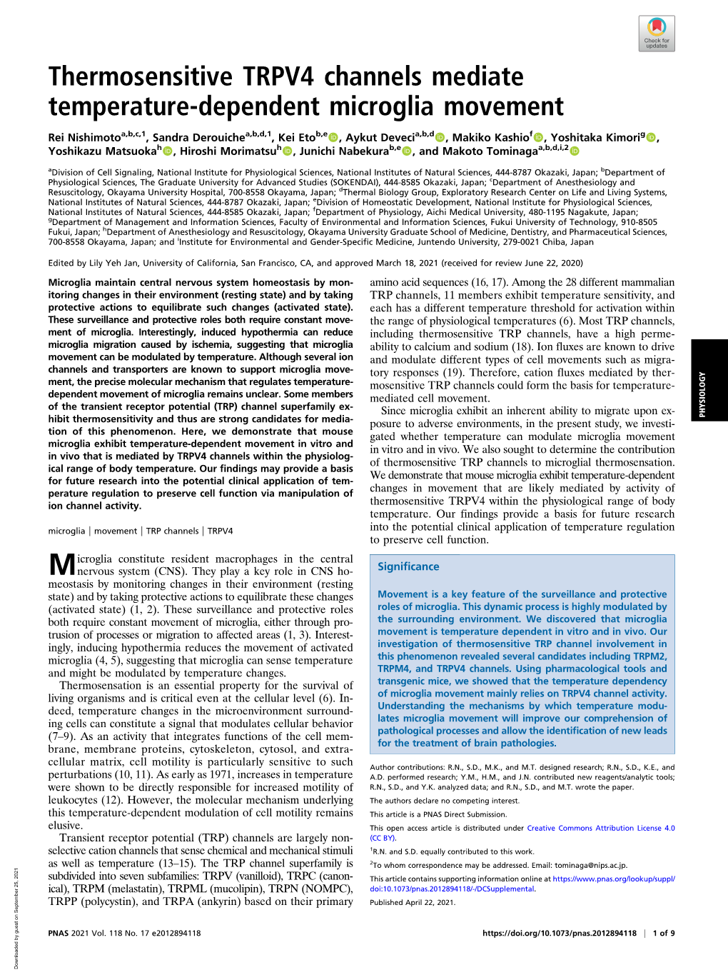 Thermosensitive TRPV4 Channels Mediate Temperature-Dependent Microglia Movement