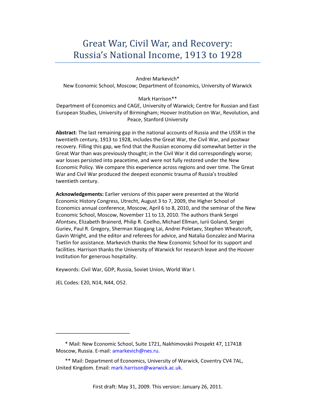 Great War, Civil War, and Recovery: Russia's National Income, 1913 To