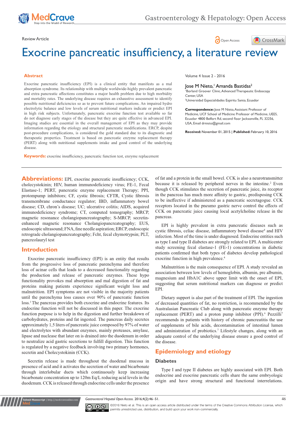 Exocrine Pancreatic Insufficiency, a Literature Review