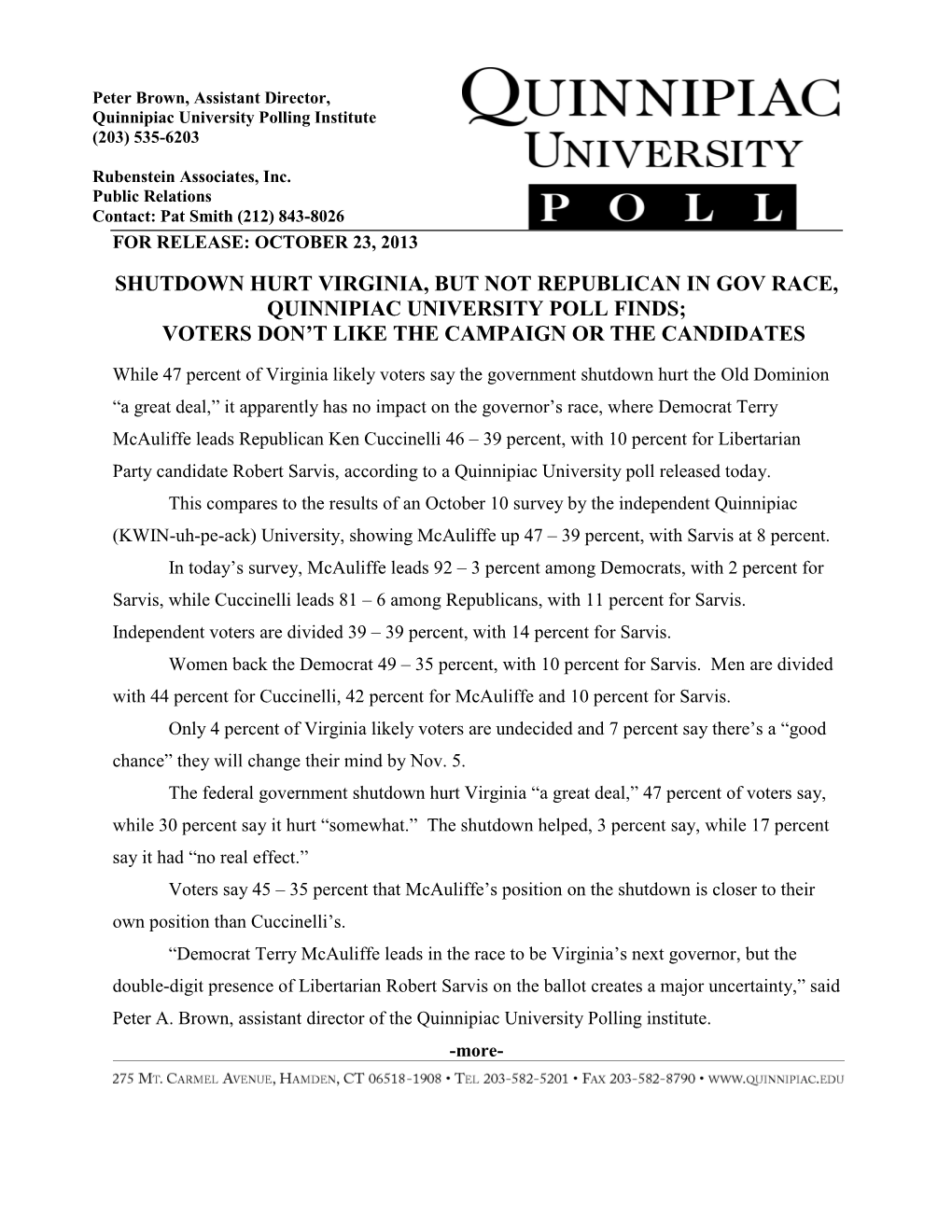 Shutdown Hurt Virginia, but Not Republican in Gov Race, Quinnipiac University Poll Finds; Voters Don’T Like the Campaign Or the Candidates