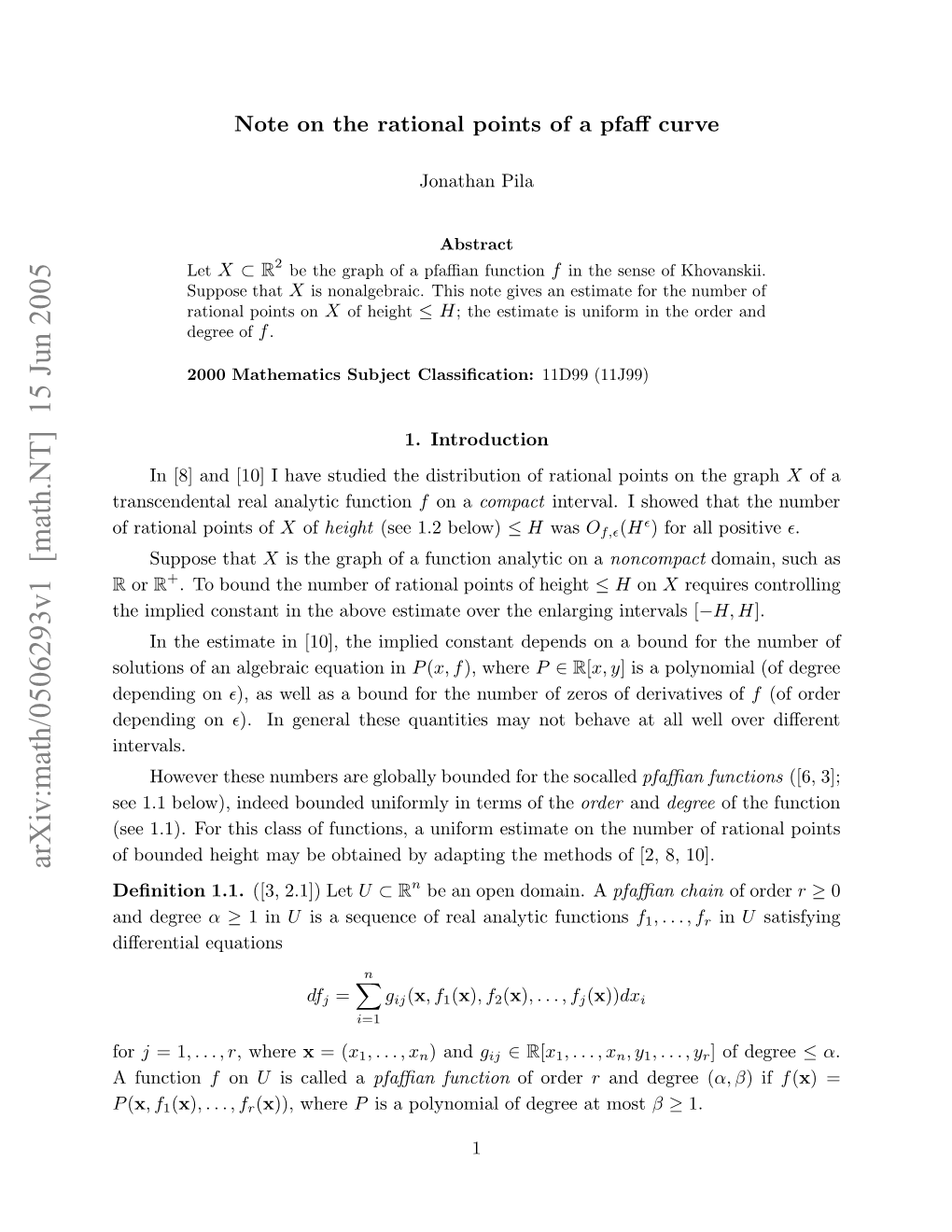 Arxiv:Math/0506293V1 [Math.NT] 15 Jun 2005 E