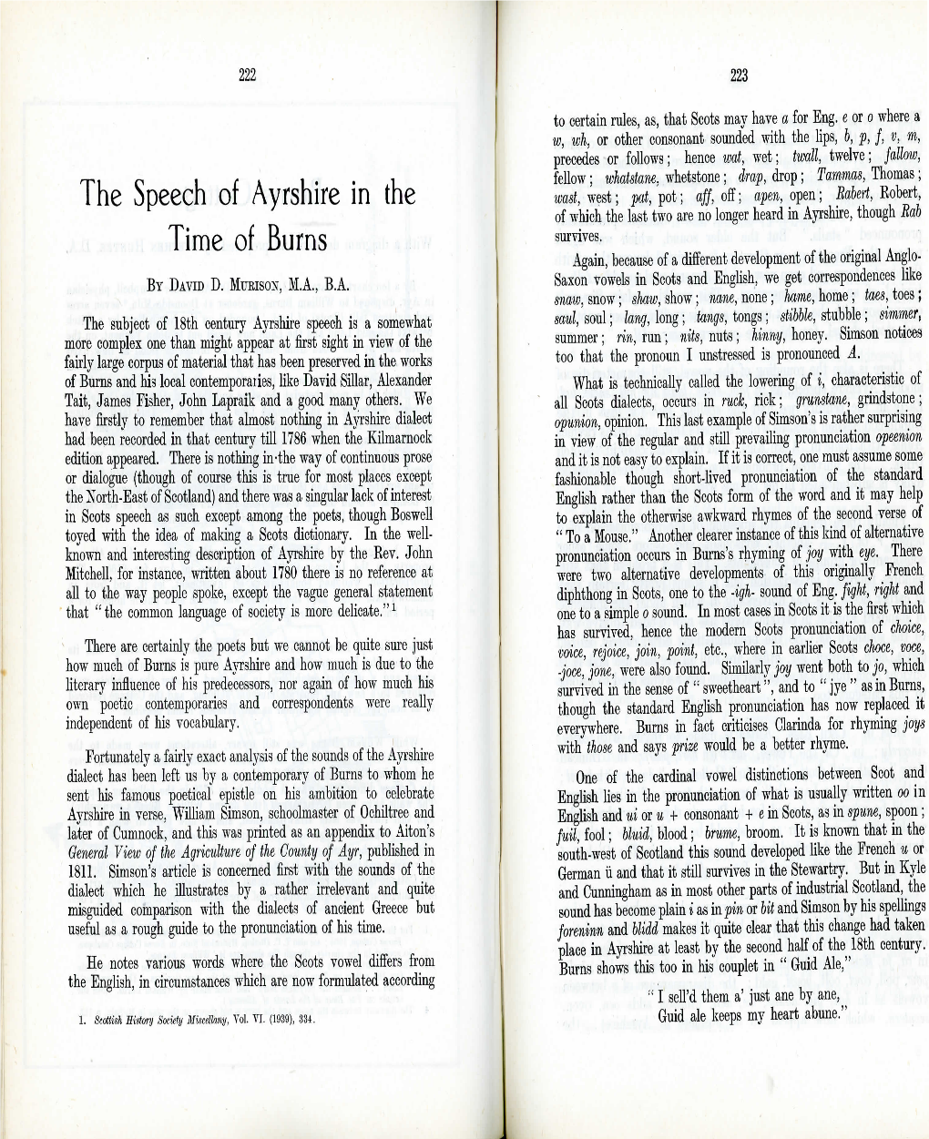 The Speech of Ayrshire in the J V . , ,. Time of Burns