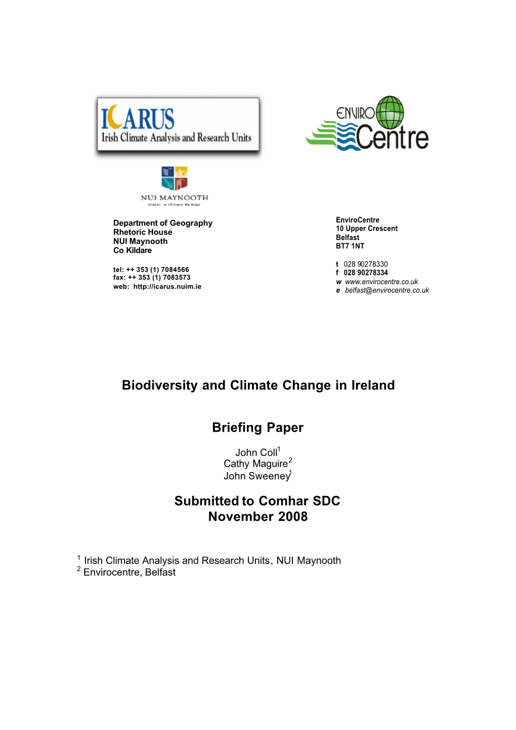 Biodiversity and Climate Change in Ireland Briefing Paper Submitted To