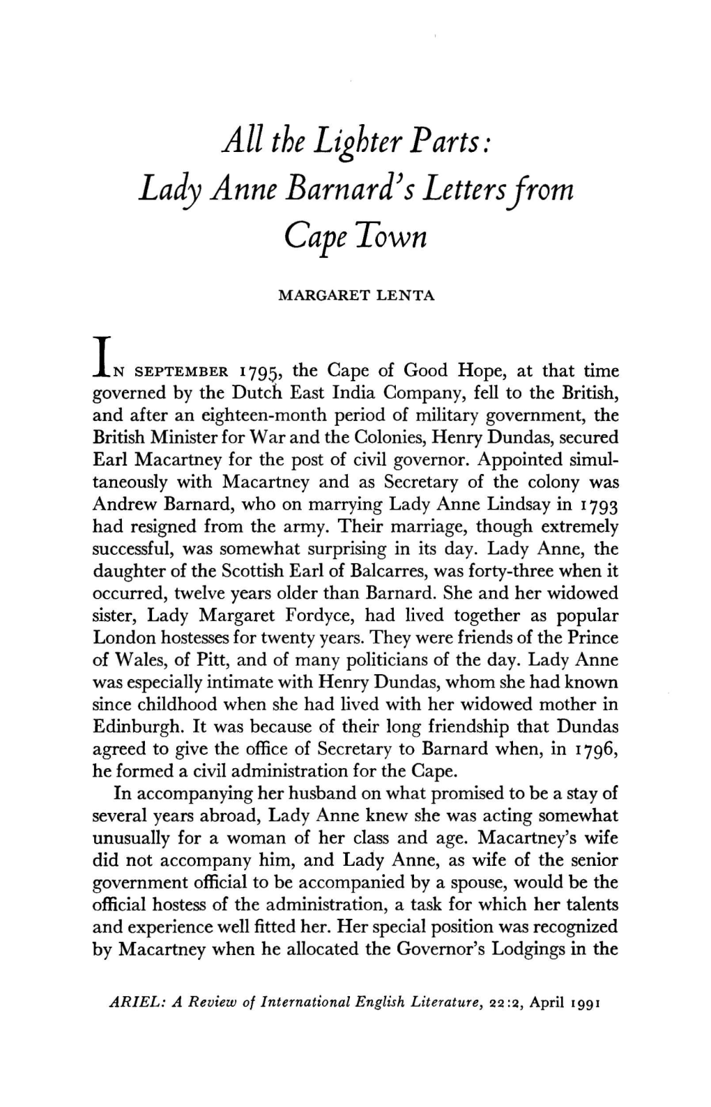 Lady Anne Barnard's Letters from Cape Town