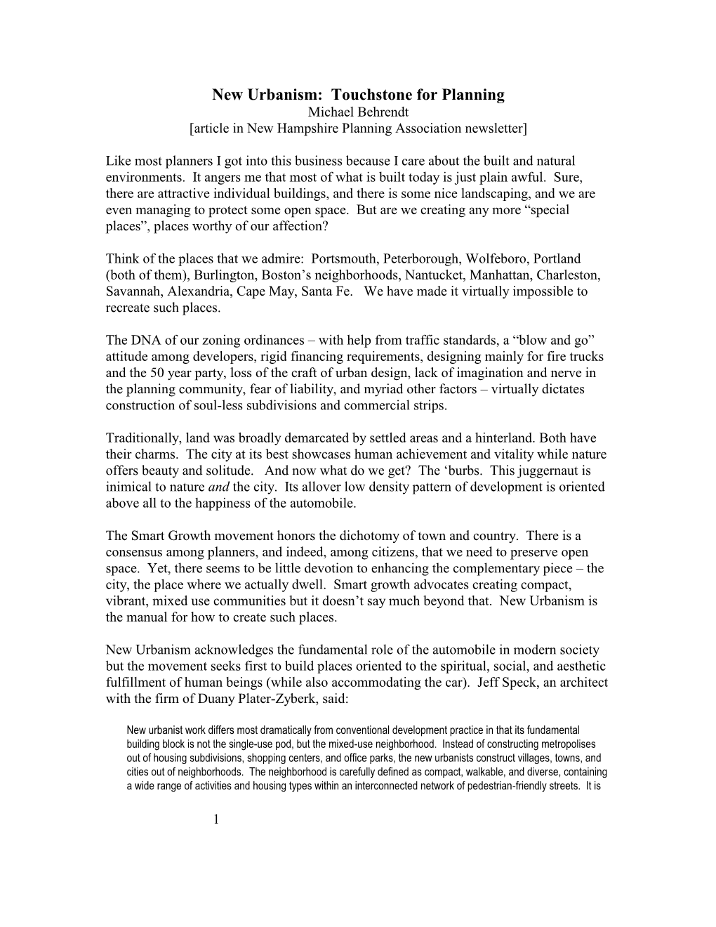 New Urbanism: Touchstone for Planning Michael Behrendt [Article in New Hampshire Planning Association Newsletter]