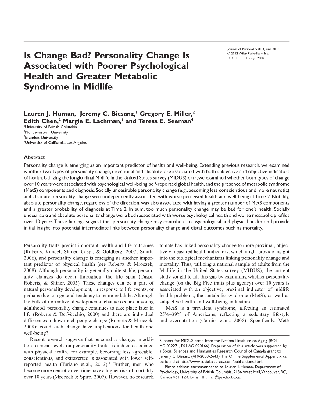 Is Change Bad? Personality Change Is Associated with Poorer