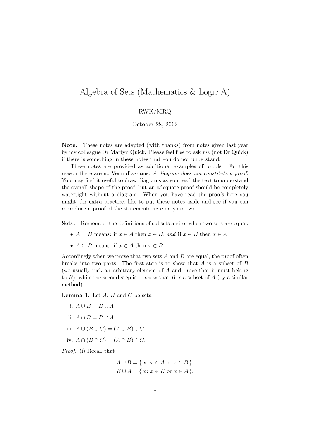 Algebra of Sets (Mathematics & Logic A)