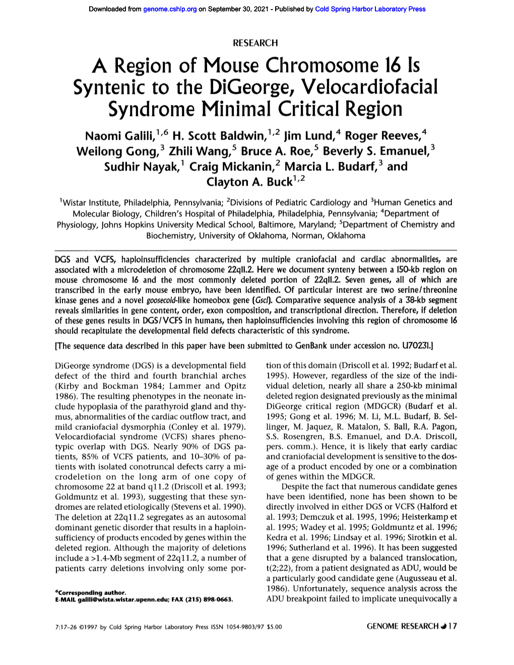 Syndrome Minimal Critical Region Naomi Galili, 1'6 H