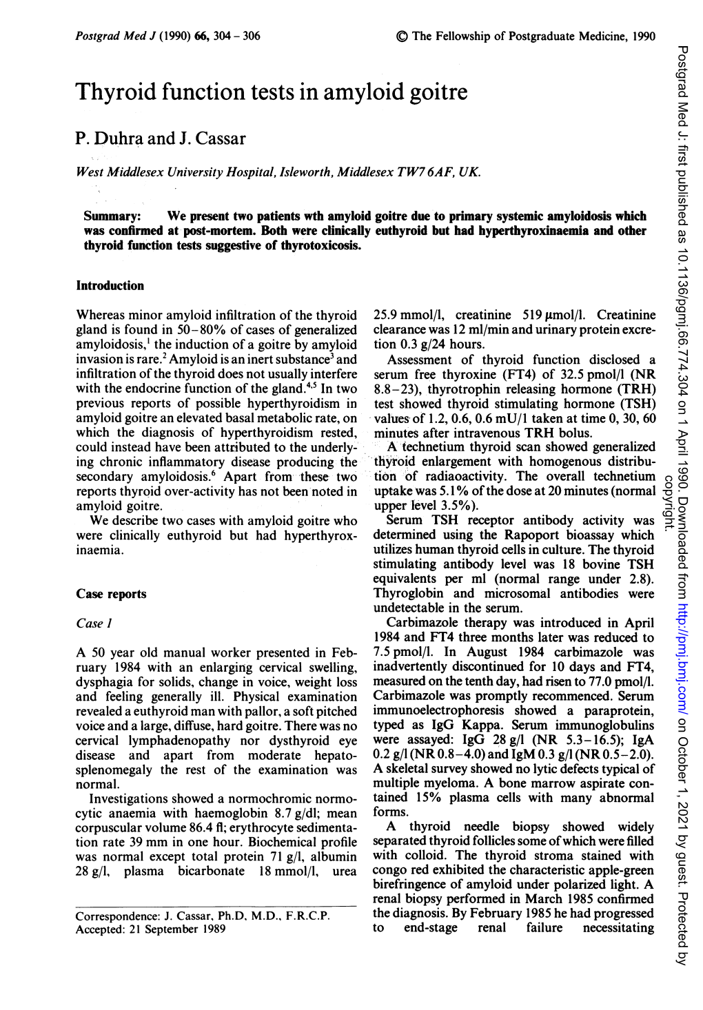 Thyroid Function Tests in Amyloid Goitre P