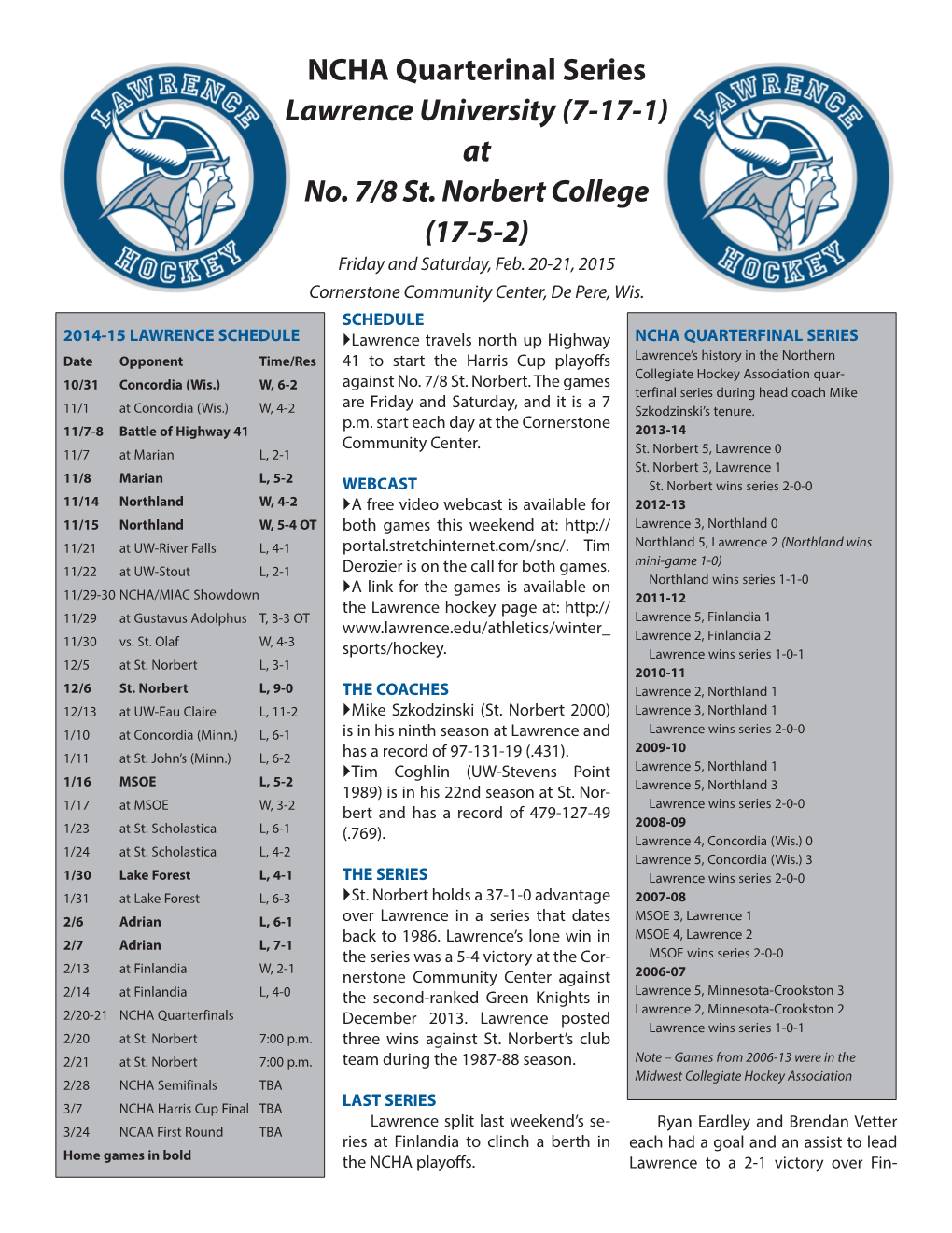 NCHA Quarterinal Series Lawrence University (7-17-1) at No. 7/8 St