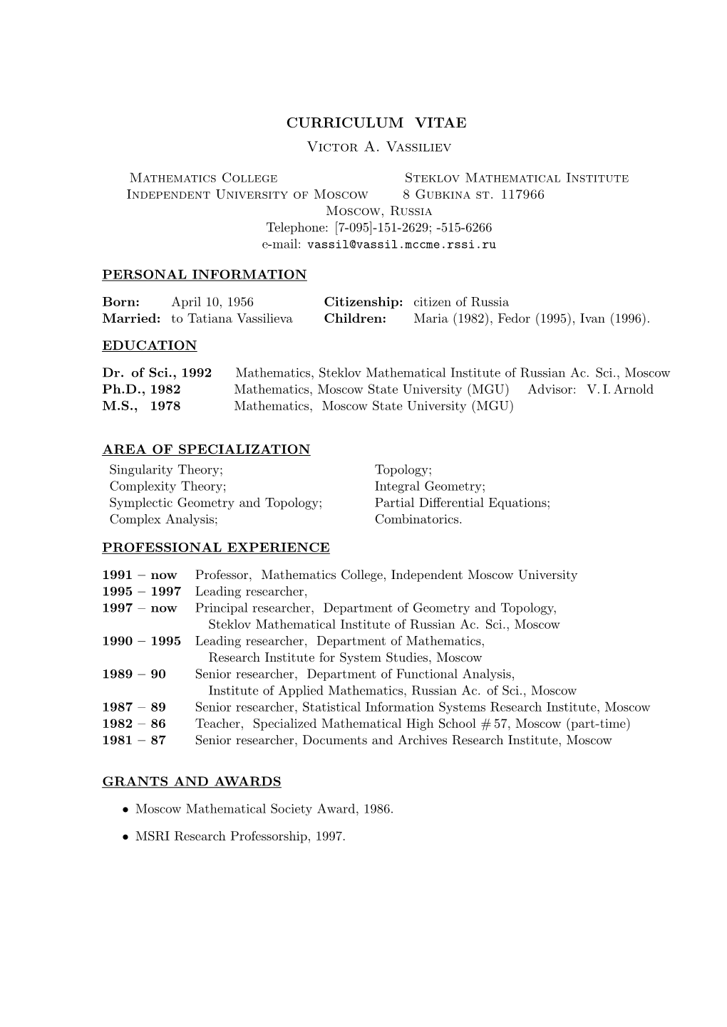 CURRICULUM VITAE Victor A. Vassiliev