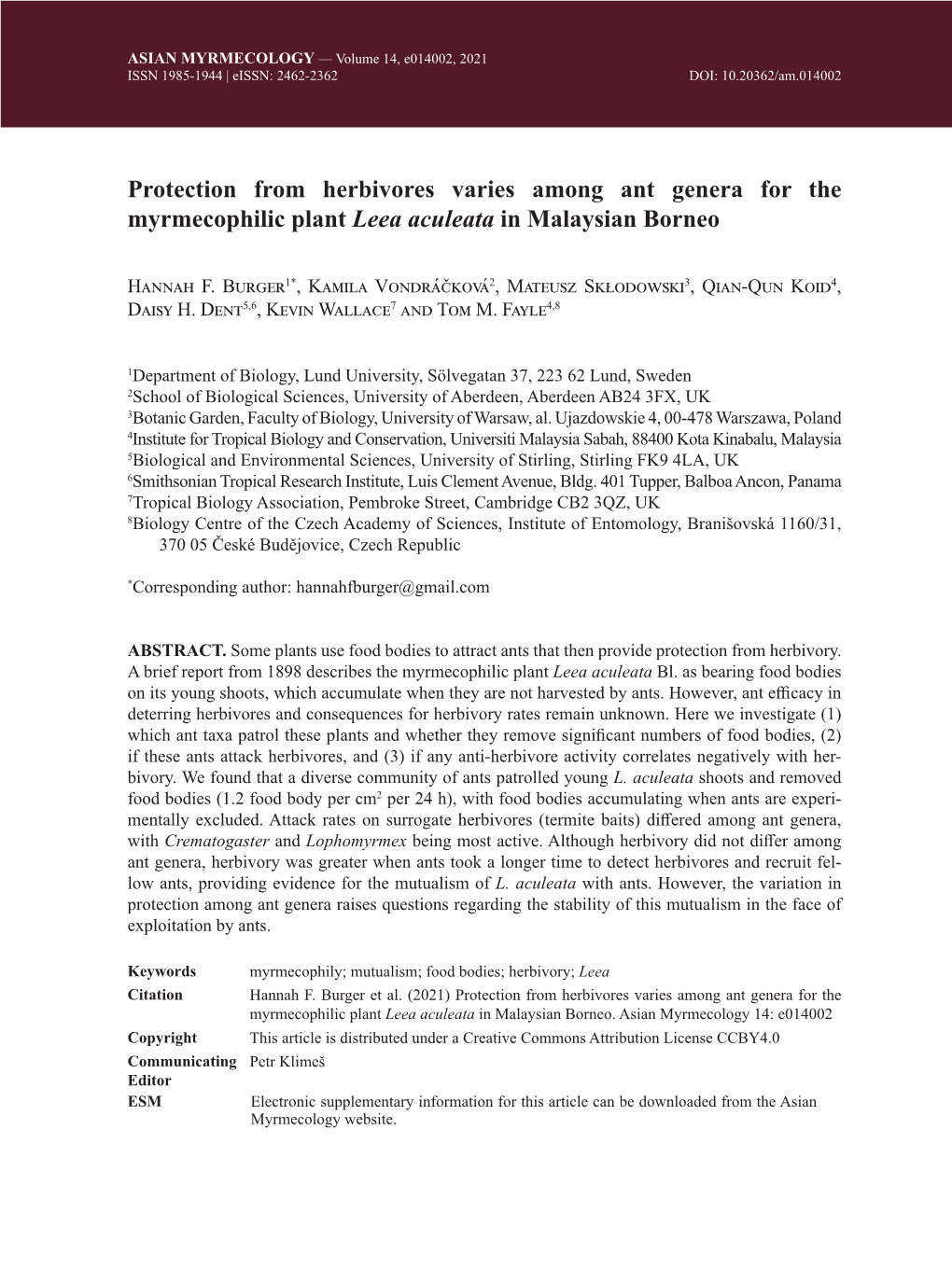 Protection from Herbivores Varies Among Ant Genera for the Myrmecophilic Plant Leea Aculeata in Malaysian Borneo