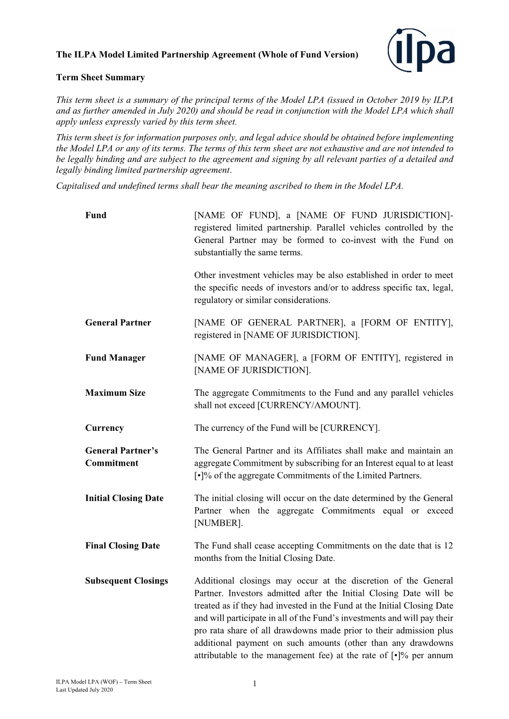 The ILPA Model Limited Partnership Agreement (Whole of Fund Version)