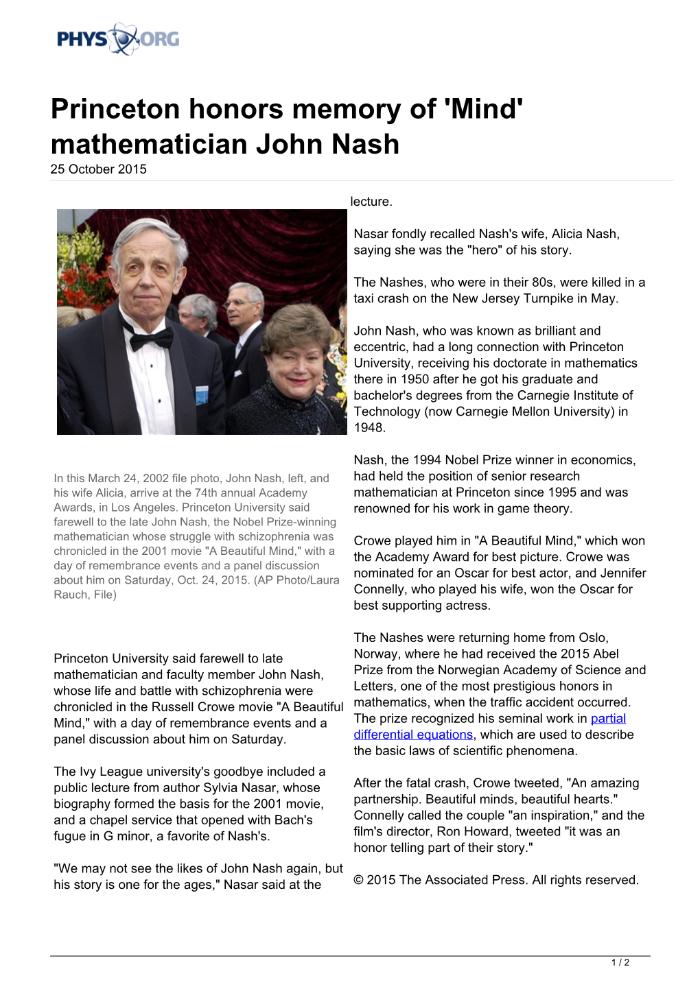 Mathematician John Nash 25 October 2015