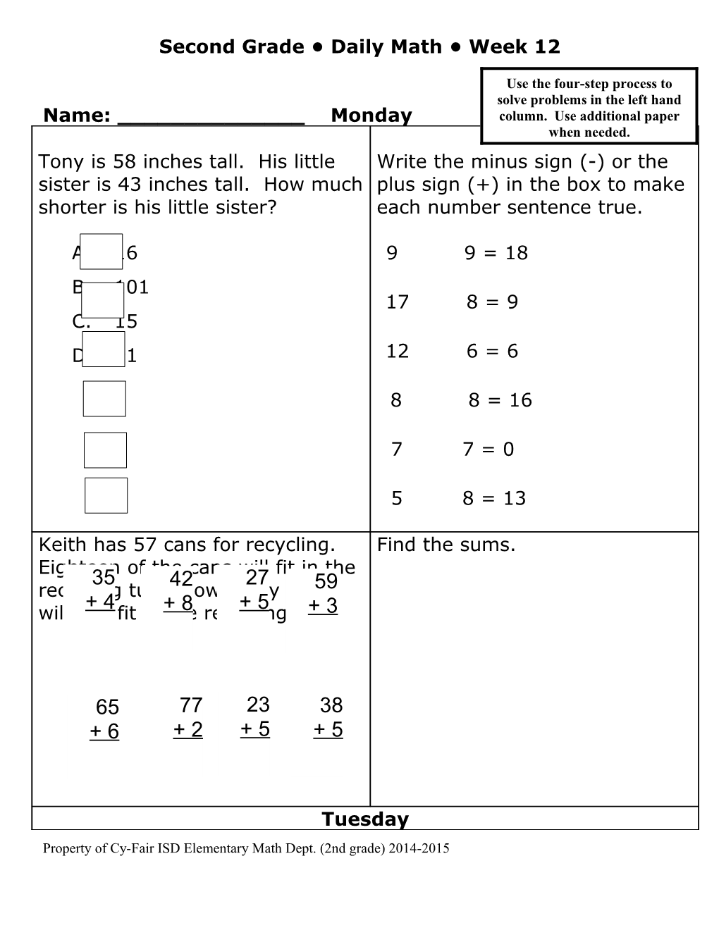 Third Grade Daily Homework Week 2