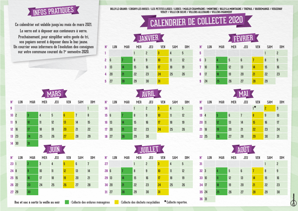 CALENDRIER DE COLLECTE 2020 Le Verre Est À Déposer Aux Conteneurs À Verre